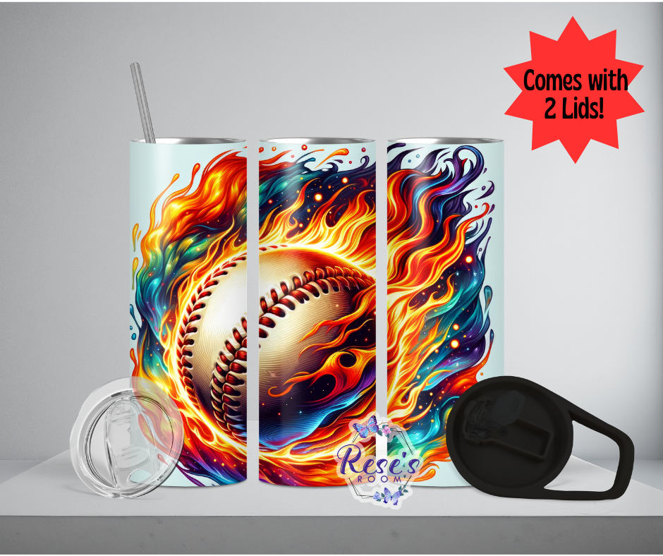 20oz Duo Lid Baseball w/flames Tumbler